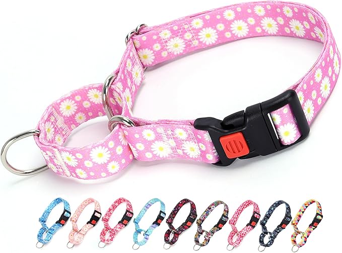 Martingale Collar for Dogs, Pink Daisy Flowers Martingale Dog Collar Adjustable Premium Collar with Quick-Release Buckle, Perfect Girl Collar for Training, Walking, Hunting (S)