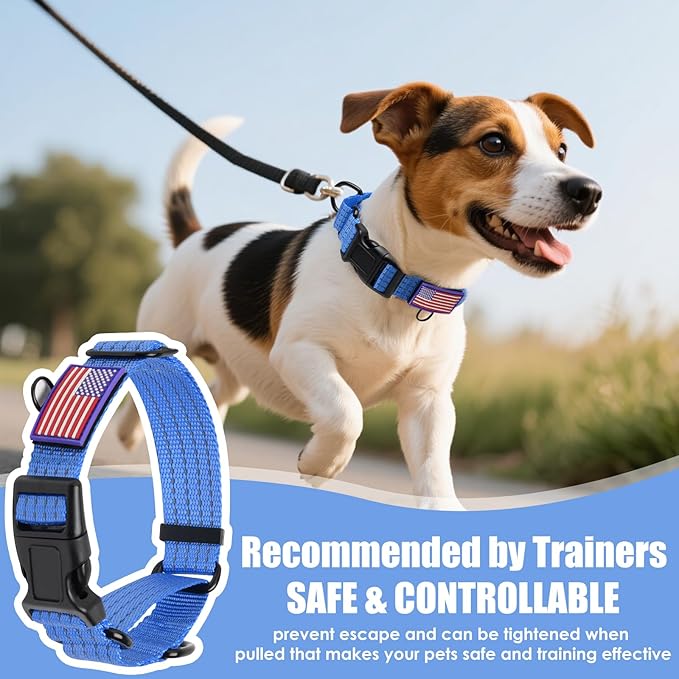 Martingale Dog Collar, Reflective No Pull Training Collar with Quick Release Buckle & USA Flag, Heavy-Duty Nylon, Adjustable for Small Medium Large Dogs (M,Blue with Flag