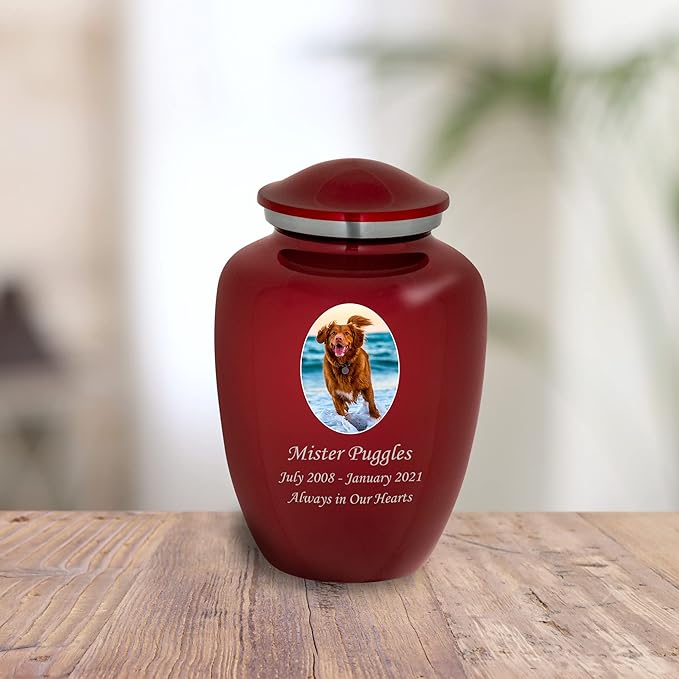 Homage Medium Custom Photo Pet Cremation Urn for Pet Ashes - Vase Style Pet Urn - 80 Cubic Inch Capacity - Personalization Included (Crimson)