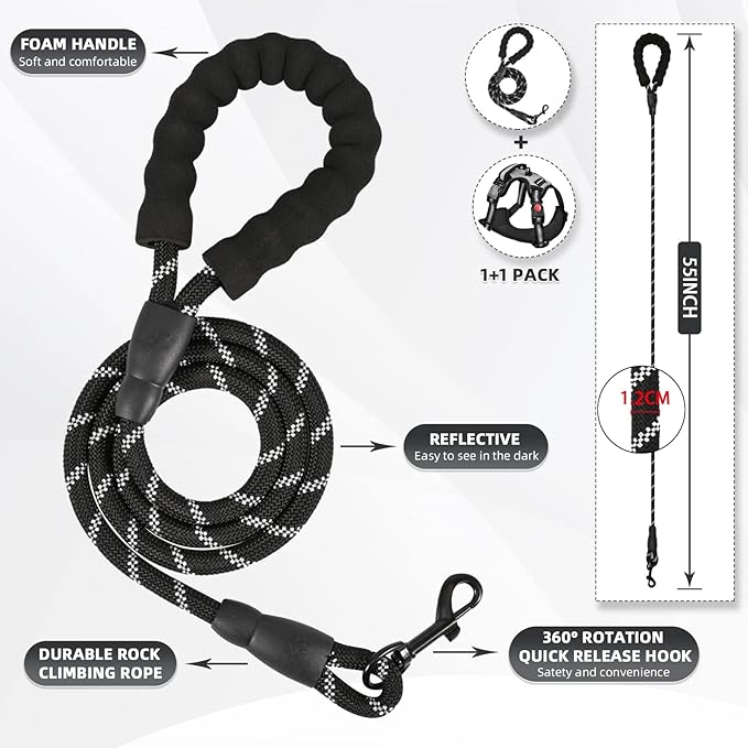 No Pull Dog Harness with Free Heavy Duty 5ft Leash, Adjustable Soft Padded Dog Vest, Reflective No-Choke Oxford Vest with Easy Control Handle (Black, X-Large)