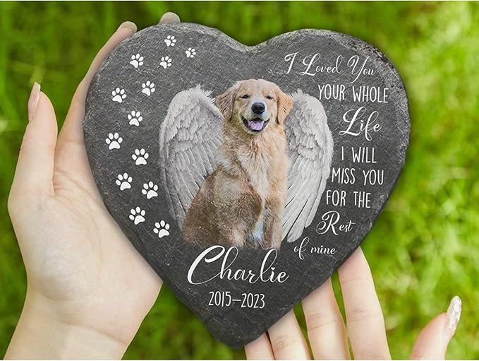 Wrappiness Pet Memorial Stone - We Loved You Your Whole Life, Personalized Dog Memorial Gifts, Remembrance Condolences Bereavement Gifts for Loss of Pet Custom Photo (Heart 06, Stone with Stand)