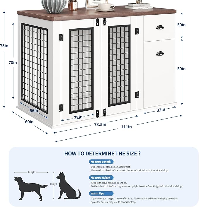 Dog Crate Furniture, Pet Kennel for Small to Medium Dogs, White Wooden Pet House with Drawers and Side Cabinets, Multi-Functional Dog Cage for Indoor Use