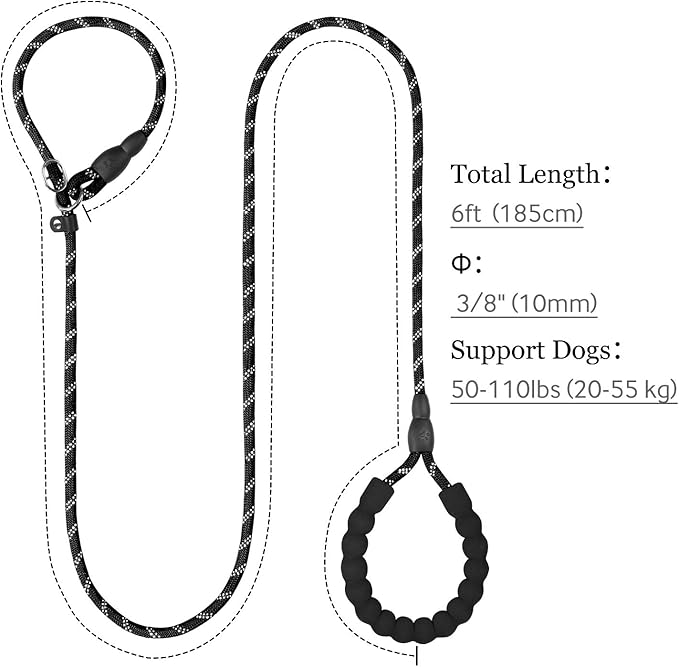 TagME Slip Leads for Dogs that Pull, 6 FT No-Pull Training Leash with Lock, Escape-Proof Design, Reflective & Padded Handle for Medium Dogs, Black