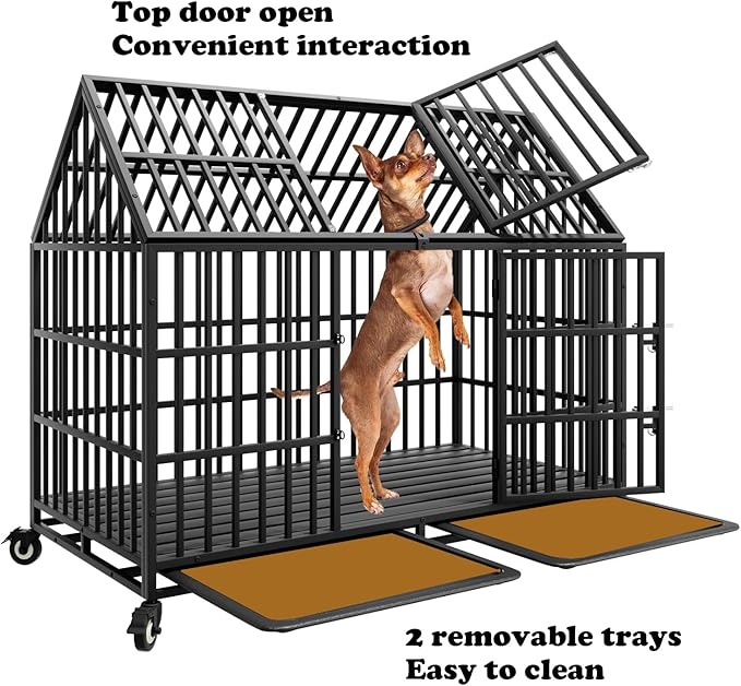 54 inch Indestructible Heavy Duty Dog Crate with 2 Bowls, Escape-Proof Indoor Impact Dog Cage for Large Giant Dogs, High Anxiety Pet Kennel with 2 Trays, 4 Wheels, 4 Locks and Double Door, XL XXL