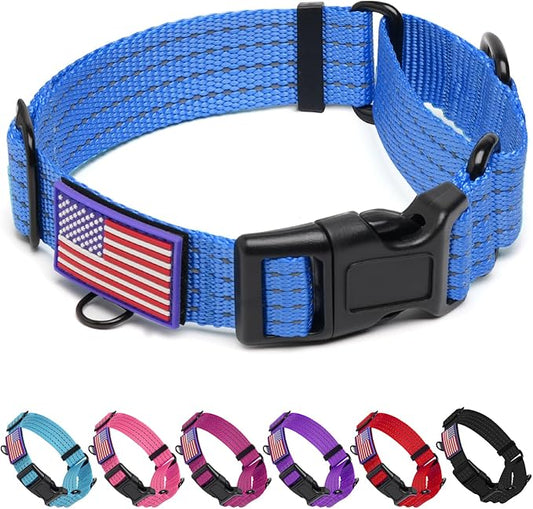 Martingale Dog Collar, Reflective No Pull Training Collar with Quick Release Buckle & USA Flag, Heavy-Duty Nylon, Adjustable for Small Medium Large Dogs (L,Blue with Flag