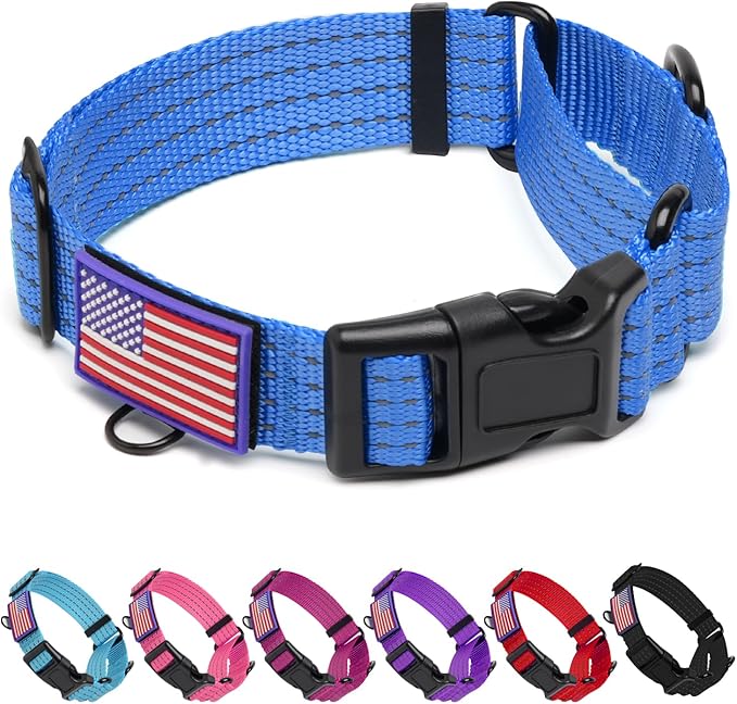 Martingale Dog Collar, Reflective No Pull Training Collar with Quick Release Buckle & USA Flag, Heavy-Duty Nylon, Adjustable for Small Medium Large Dogs (M,Blue with Flag