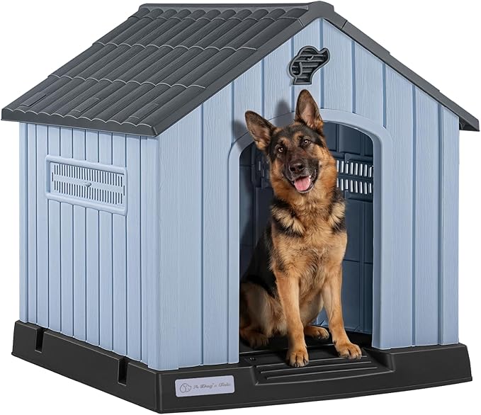 LEMBERI Large Plastic Dog House for Medium Large Dogs, Durable Waterproof Indoor Outdoor Doghouse with Air Vents and Elevated Floor, Easy to Assemble (Gray, 40" L x 37.2" W x 40" H)