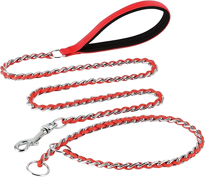 Chew Proof Metal Dog Leash with Built-in P-Chain Collar - 2FT/4FT for Small/Medium/Large Dogs (30-150lb), Anti-Bite Chain Link with Soft Padded Handle, 360° Rotating Clasp Red
