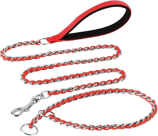 Chew Proof Metal Dog Leash with Built-in P-Chain Collar - 2FT/4FT for Small/Medium/Large Dogs (30-150lb), Anti-Bite Chain Link with Soft Padded Handle, 360° Rotating Clasp Red