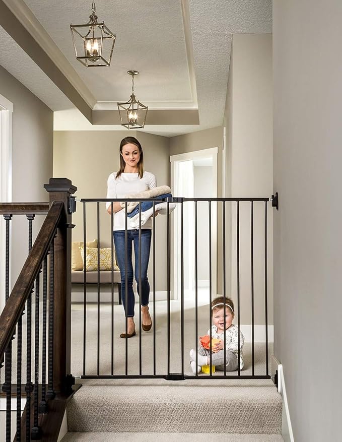 Regalo 2-in-1 Extra Tall Easy Swing Stairway and Hallway Walk Through Baby Gate, Black 1 Count & Deluxe Home Accents Widespan Safety Gate, 74.5" W x 28" H, Includes 4 Wall Mounts, Black