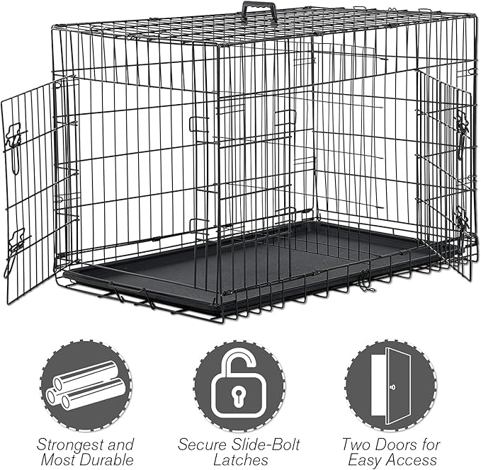 HCY, Dog Crate, Dog Kennel 48 Inch Double Door Metal Crate Foldable Puppy Supplies Cage with Divider Panel, Handle, Plastic Tray for Pet Animals Outdoor Indoor (48 Inch) ,Black, 48In