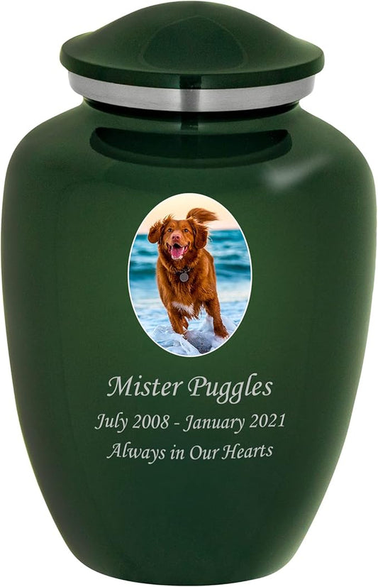 Homage Large Custom Photo Pet Cremation Urn for Pet Ashes - Vase Style Pet Urn - 200 Cubic Inch Capacity -Personalization Included (Emerald Green)