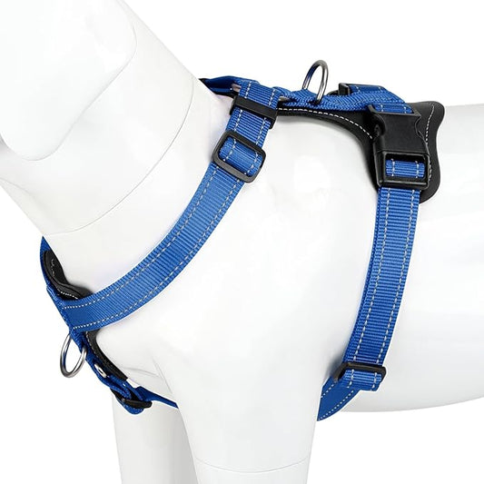 Plutus Pet Adjustable No Pull Dog Harness with Leather Accents, Heavy Duty Reflective Nylon Vest for Training, Hiking, Easy Walk Harness for Small, Medium, Large Dogs (Royal Blue, M)