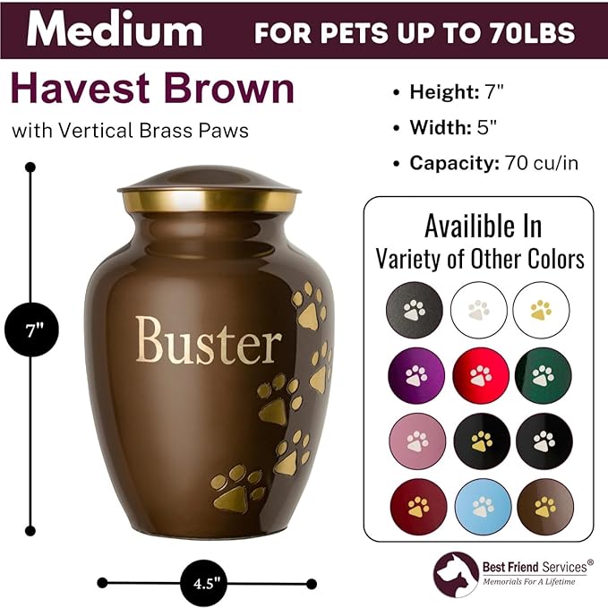 Ottillie Paws Premier Series Pet Urn for Dogs with Personalized Laser Engraving (Medium - Pets up to 65 lbs, Harvest Brown with Vertical Brass Paws)