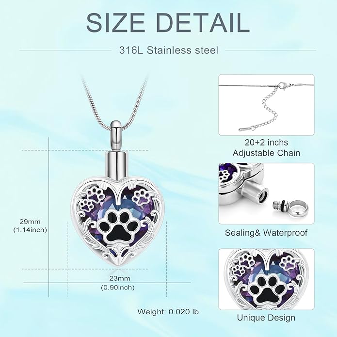 Heart Urn Necklace For Ashes Birthstone Pet Memorial Jewelry Dog Paw Print Cremation Pendant Stainless Steel Keepsake Gift For Pet Lovers