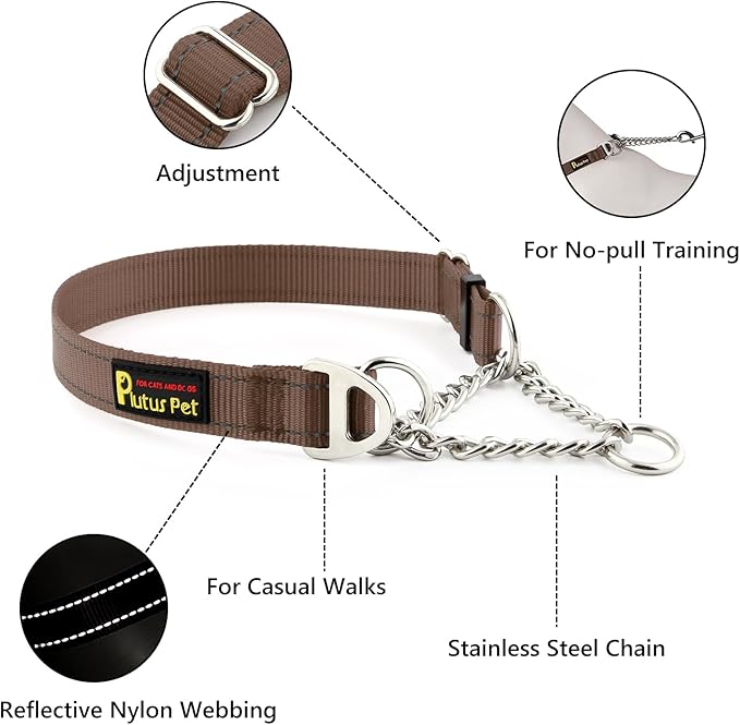 Plutus Pet Martingale Dog Collar with Stainless Steel Chain and Reflective Nylon, Adjustable No Pull Training Collar, for Small Medium, and Large Dogs, Chocolate, S