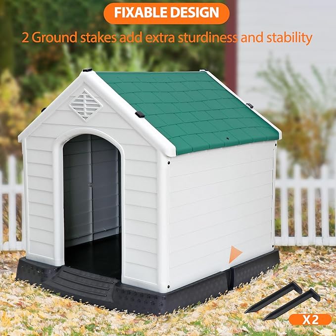 Large Plastic Dog House Indoor Outdoor Doghouse Dog Kennel Easy to Assemble Puppy Shelter with Air Vents Elevated Floor Waterproof Green