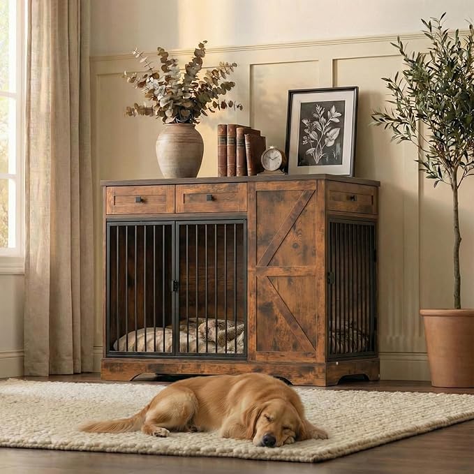 43.3" Dog Crate Furniture with Storage, Large Dog Kennel with 3 Drawers & 2 Feeding Bowls, Indoor Decorative Dog Cage for Large/Medium Dogs, Heavy Duty Dog House