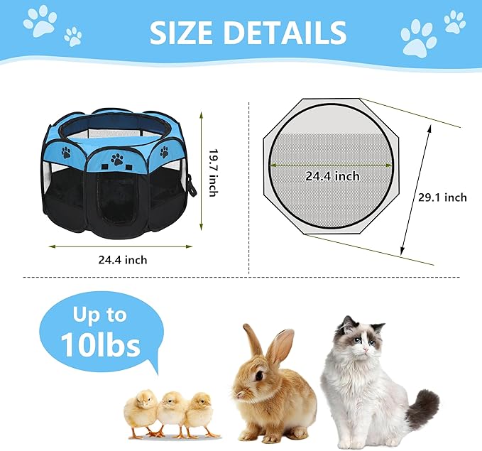 Cat Dog Playpen, Puppy Pet Playpen Indoor for Small Dog Crate Tent Cage Outdoor, Portable Pop Up Dogs Enclosure Kennel with Carrying Case for Dogs/Cats/Rabbits Blue.