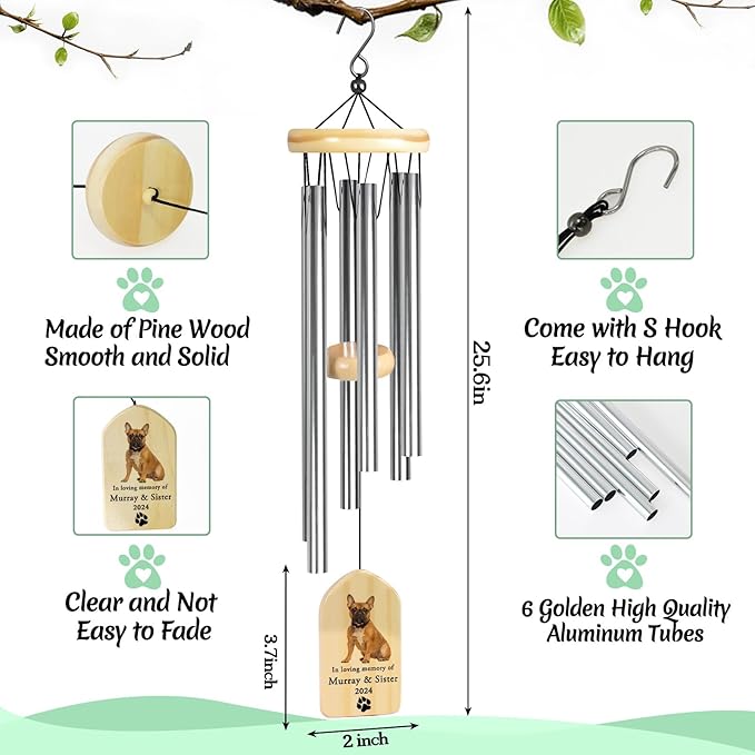 Touber Personalized Pet Remembrance Wind Chime - Dog Memorial Gift for Loss of Pet