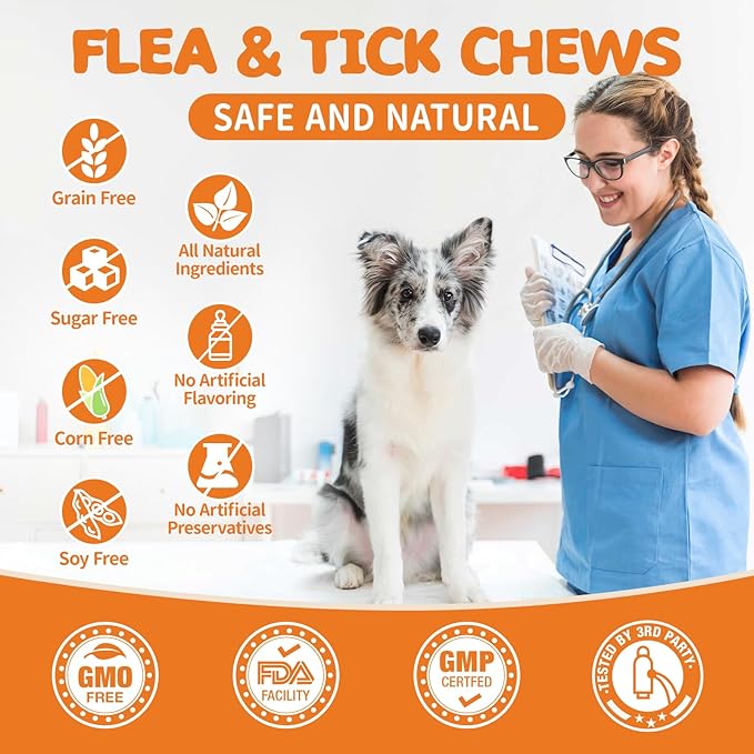 Flea and Tick Prevention for Dogs Chewables - Natural Dog Flea and Tick Treatment Chewable - Oral Flea Supplement for Dogs - Puppy Flea Support - All Breeds & Ages - 60 Soft Chews