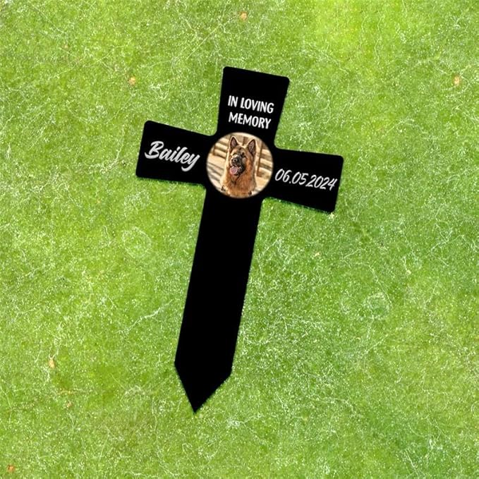 AVAGifts Personalized Pet Photo Memorial Cross Metal – Forever in Our Hearts Grave Marker, Custom Name & Date Outdoor Memorial Stake, Loss of Cat Sympathy Gift, Custom Dog Grave Marker for Cemetery, Easter Gifts