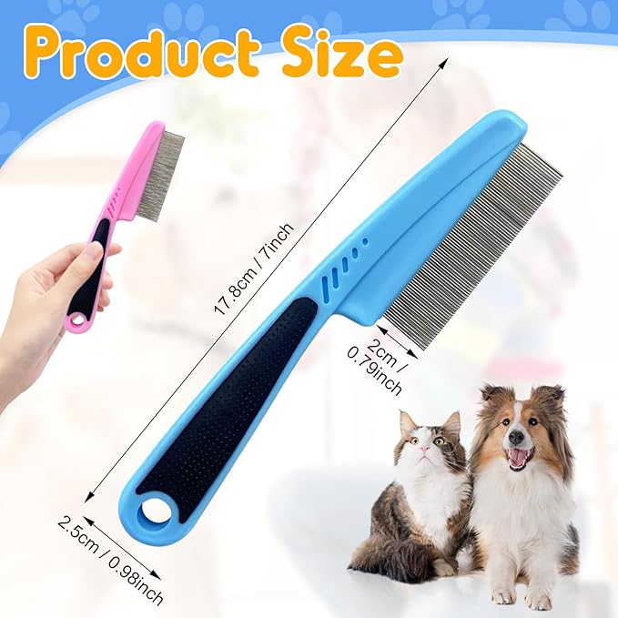 Flea Comb with Rubber Handle, 2025 Upgraded Fine Tooth Dandruff Comb for Dogs & Cats, Fine Tooth Dog Combs for Grooming (Red)