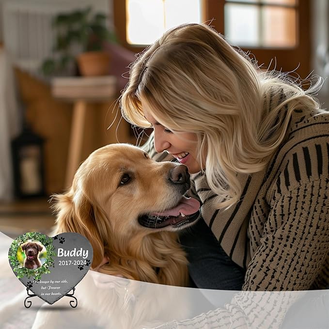 Custom Dog Memorial Stone with Photo & Name – Personalized Pet Headstone, Paw Print Keepsake Gift for Dog Loss, Outdoor Garden Slate Plaque