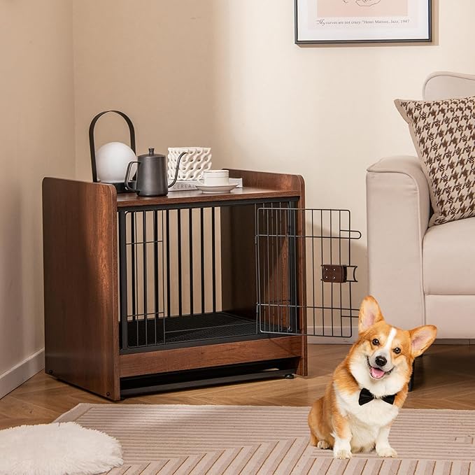 PETSITE Dog Crate Furniture, Industrial Style Dog Crate with Lockable Door, Removable Tray, Adjustable Foot Pads, Indoor Dog Kennel Side Table for Small and Medium Sized Dogs, 24.5 x 19.5 x 24 in