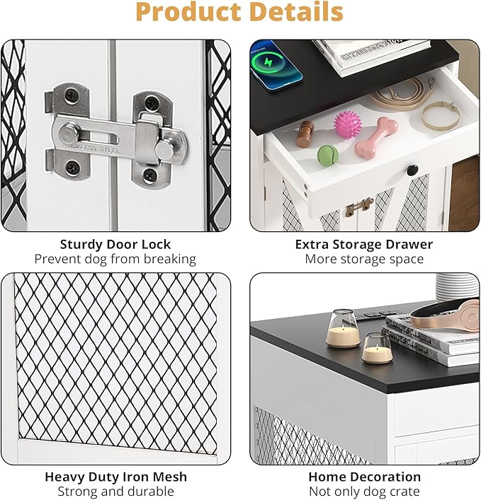 VOWNER Dog Crate Furniture, Wooden Dog Kennel End Table with USB Charging Station, Storage Drawer, Double Latched Door, Furniture-Style Crate Side Table for Small Dogs Under 25 lbs Indoor Use, White