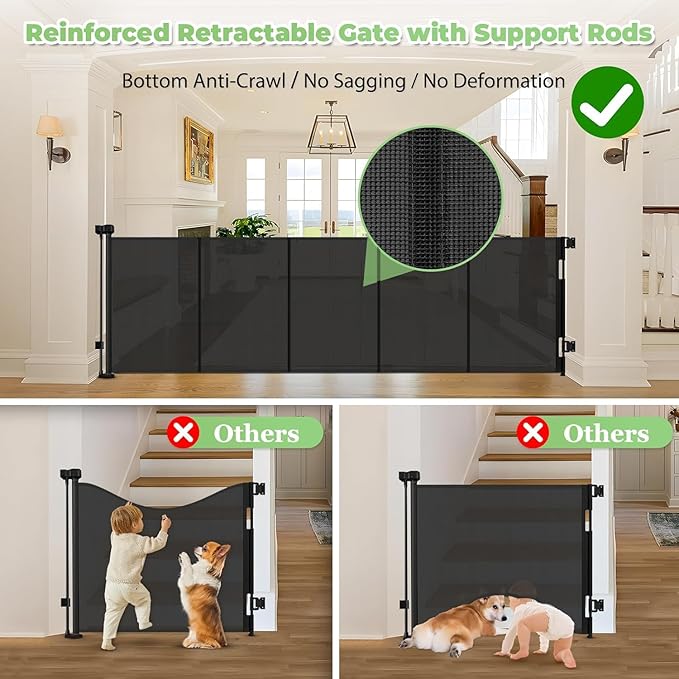 Reinforced 120 Inch Retractable Baby Gates Extra Wide Dog Gate with Support Rods – Prevent Crawling Under, 10 Feet Extra Long Baby Gates for Large Openings, Indoor/Outdoor Retractable Dog Gate, Black