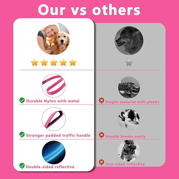Dog Leash 5ft Long, Double Handle Dog Leash for Safety Control Training, Heavy Duty Dog Leads with Traffic Padded Handles, Reflective Leashes for Small Medium Large Dogs(5ft, Hotpink)