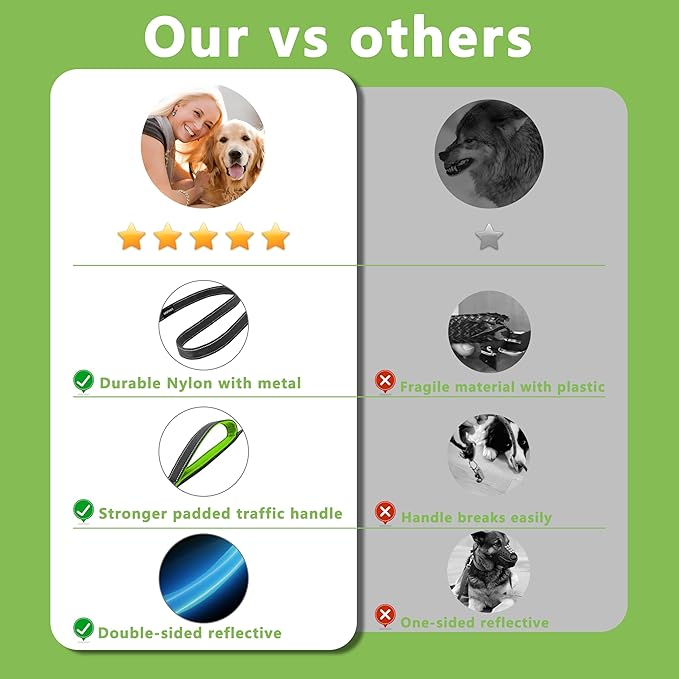 Dog Leash 5ft Long, Double Handle Dog Leash for Safety Control Training, Heavy Duty Dog Leads with Traffic Padded Handles, Reflective Leashes for Small Medium Large Dogs(5ft, Black Green)