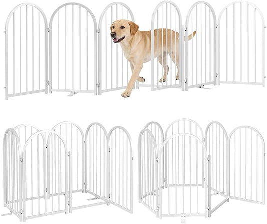 Full Metal Dog Gate with Door for Indoor Outdoor, 32" Tall Free Standing Pet Dog Fence, 108" Extra Wide Pet Gates for Stairs, Hallways, Doorways, Kitchen, Decks, Yards (White, 6 Panels)