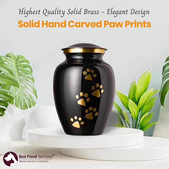 Ottillie Paws Legacy Series Pet Urn for Dogs, Handmade Brass Memorial Cremation Urn (Large - Pets up to 115 lbs, Ebony, Vertical Brass Paws)