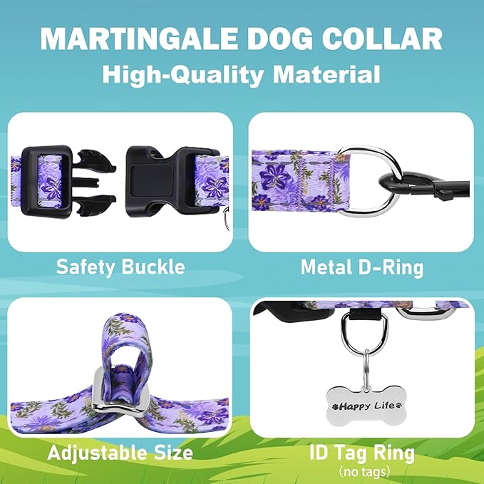 Reflective Martingale Collar for Dogs with Quick Release Buckle Cute Girl Female Flower Dog Collars (Lavender Floral, Medium)