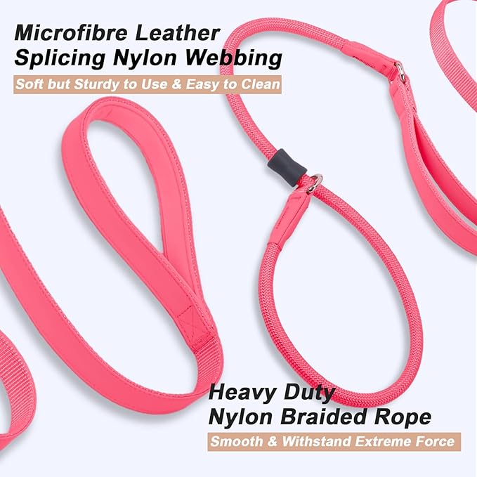 Slip Lead Dog Leash, Double Handle, Soft Leather, Heavy Duty Nylon, No Pull Walking, Hot Pink, 6ft