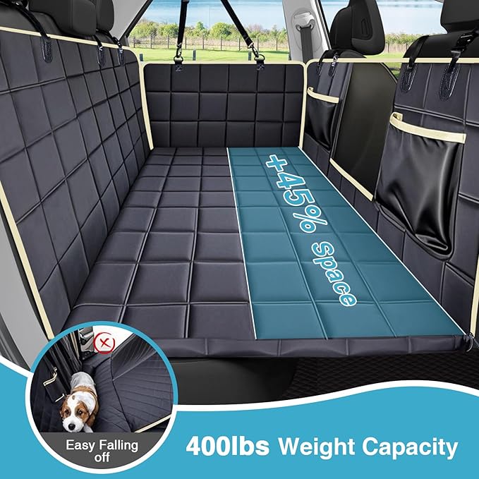 Lassie Back Seat Extender for Dogs Hard Bottom Waterproof Dog Hammock for Car, Heavy Duty Antislip Dog Car Seat Cover for Back Seat, Universal Pet Car Travel for Kids, Dogs (Deep Black, Standard)