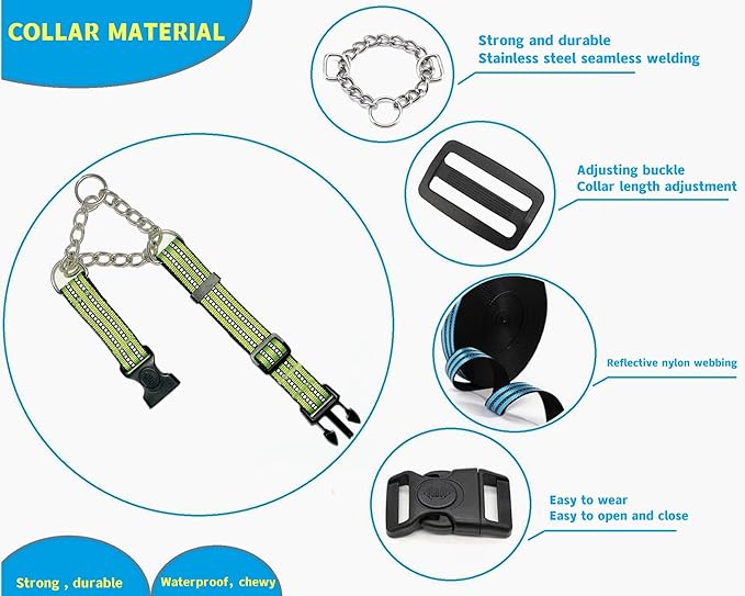 Martingale Collars for Dogs, Heavy Duty Stainless Steel Chain Training Collar, Reflective Nylon Adjustable Collar with Quick Release Buckle, Suitable for Puppy Medium Large Dogs (Green, S)