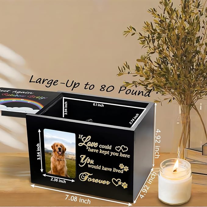 Sofunii Pet Urns for Dogs or Cats Ashes,Large Wooden Funeral Cremation Memorial Box with Photo Frame,Rainbow Bridge Keepsake with Black Flannel as Lining,Loss Pet Memorial Remembrance Gift