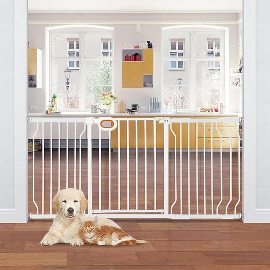 owlie Stair Baby Gate 57-66 Inch, Extra Wide Safety Gate for Baby Pet Adjustable Dog Gates Indoor Extra Wide Gates Pressure Mounted for Toddler Pet for House Stairway Doorway White (30.5'' Tall)