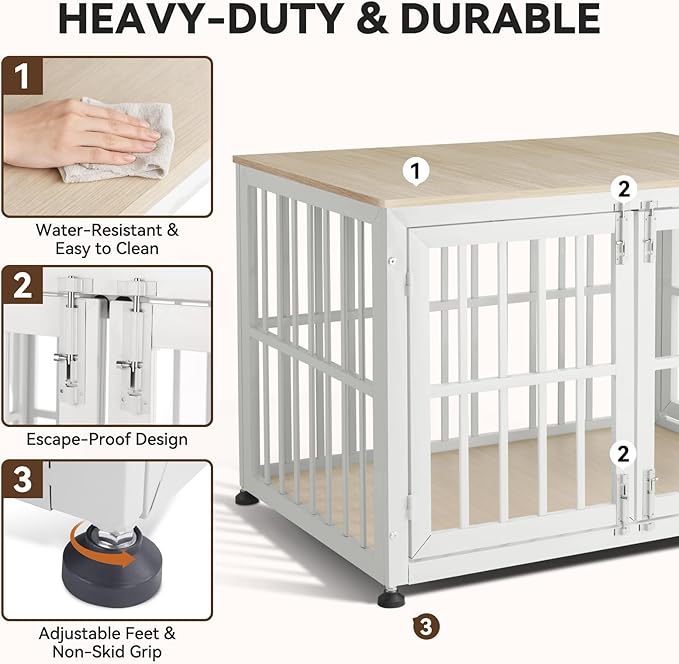 Oranland 42 Inch Heavy Duty Dog Crate Furniture,Dog Kennel Furniture Indoor for Large and Medium Dogs,Decorative Pet House End Table, 0.8 Inch Steel Tubes Wooden Cage/Max Load Capacity 300lbs/White