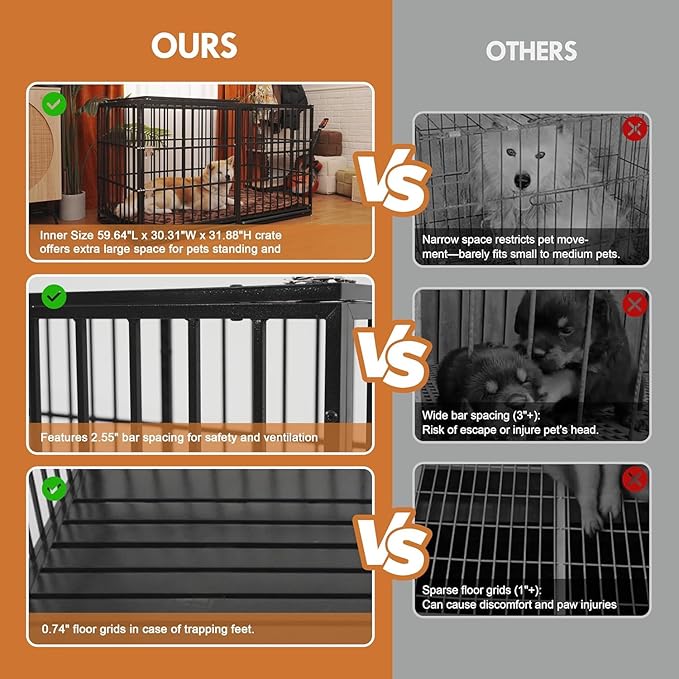 61'' Indestructible Heavy Duty Dog Crate with Cushion, Extra Large Pet Cage Escape Proof Strong Steel Impact for High Anxiety Dogs, Sound Proof Chewproof Kennel 2 Doors, XXL