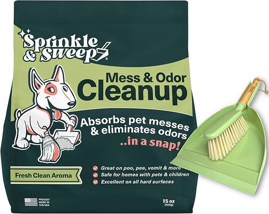 Dog Pee Cleaner Powder with Sweeper Kit | Pet Accident Cleanup Kit for Hard Surfaces | Vomit Cleanup Powder | Puppy Potty Training Aid | Dog Diarrhea Absorbent | Odor Remover | Sprinkle and Sweep