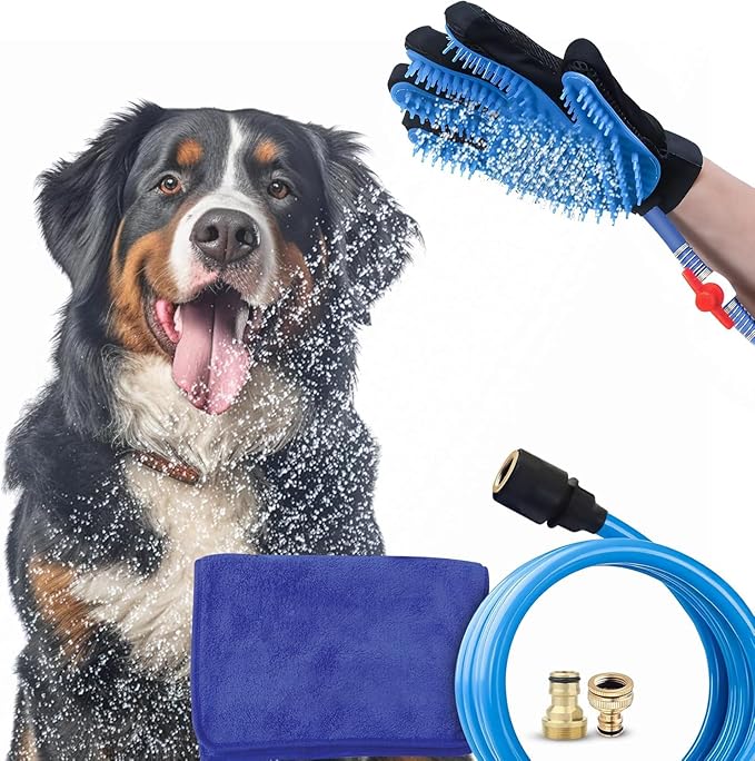 Dog Bath Glove & Sprayer – 3-in-1 Pet Bathing Tool for Washing, Scrubbing & Deshedding – Connects to Garden Hose – Adjustable Water Pressure – Easy Rinse Dog Shower – Gift for Dog Owners