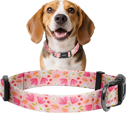Kazazoo Dog Collar Cute and Soft Nylon Puppy Collar Girl, Adjustable Dog Collars for Small Medium Dogs, Pink Flowers-M