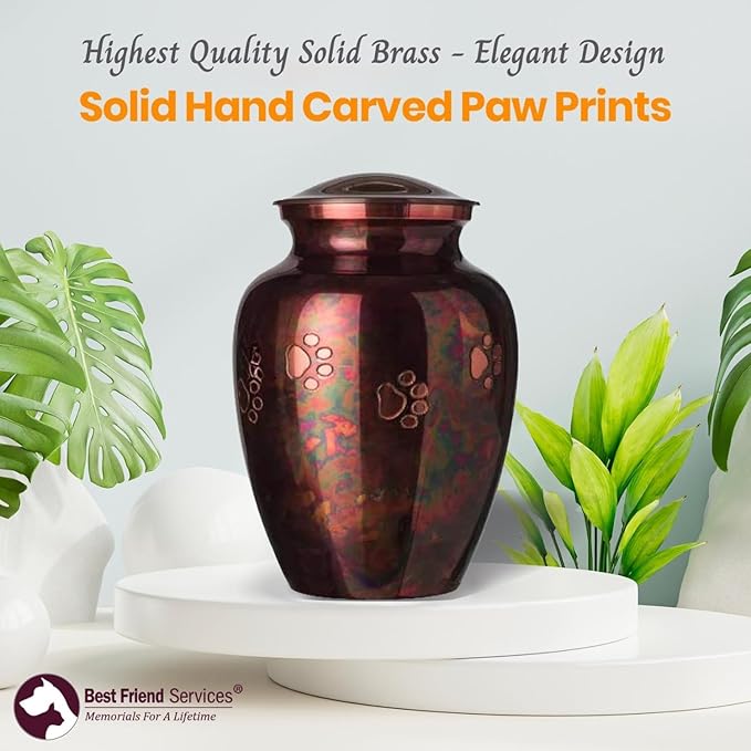 Ottillie Paws Legacy Series Pet Urn for Dogs, Handmade Brass Memorial Cremation Urn (Large - Pets up to 115 lbs, Raku, Horizontal Brass Paws)