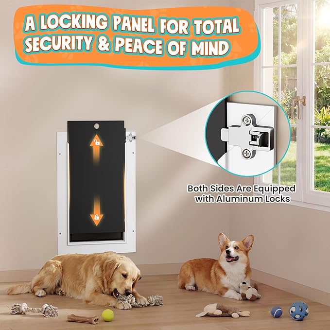 3-Flap Dog Door for Wall, Medium Doggy Door, All Aluminum Heavy Duty Pet Door, Extreme Weather Doggie Door for Interior Exterior Wall, with Insulation Flaps & Lockable Closing Panels, Pets Up to 45LB