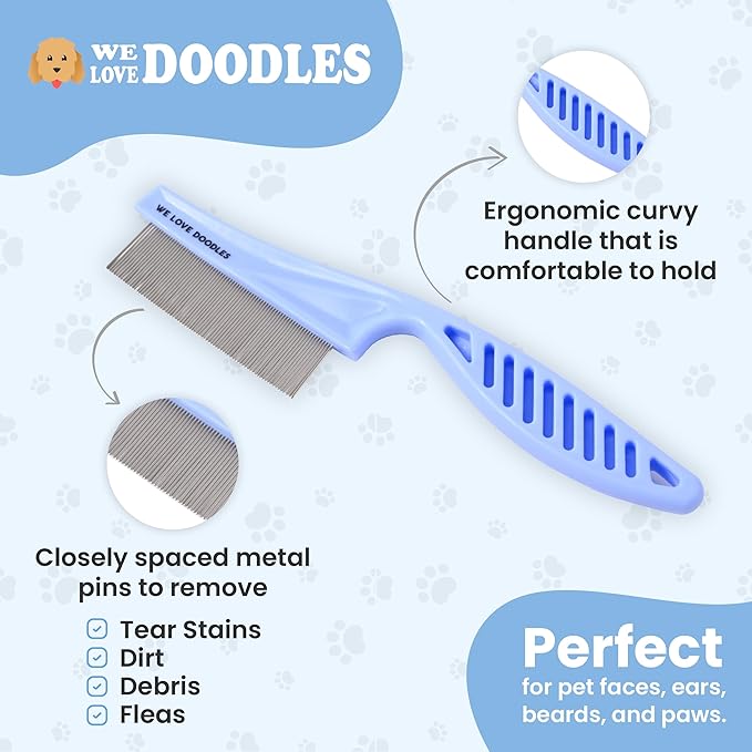 Dog Face Comb, Flea Comb for Dogs, Fine Tooth Tearstain Remover, Removes Crust and Mucus, Face Brush for Poodles & Other Breeds, Grooming Comb for Pets, Large + Small [We Love Doodles]