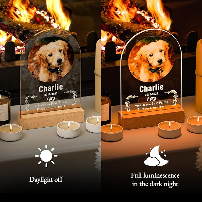 Bemaystar Personalized Dog Memorial Gifts Custom Dog Memorial Night Lights for Grieving Pet Owners, Pet Loss Gifts Cat memorial gifts Loss of Dog Sympathy Gift with Picture Name Date Custom Plaque